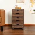 Inbox Zero 5 Drawer Chest, Wood Storage Dresser Cabinet w/ Wheels, Bedroom, Office File Cabinet Wood in Brown | Wayfair