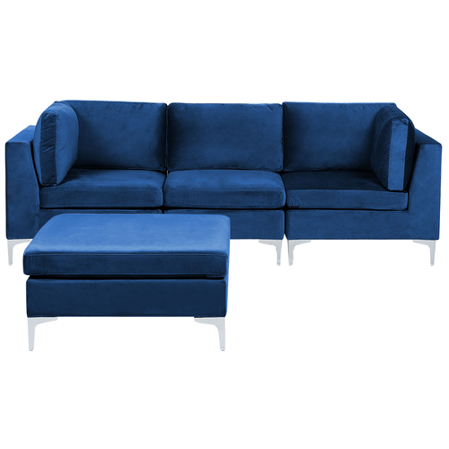 Sofa mit Ottomane Blau Polsterbezug aus Samtstoff 3-Sitzer Modulsofa mit Metallgestell Wohnzimmermöbel Wohnzimmer Salon Wohnecke Sitzecke