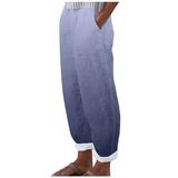 Cotton Linen Beach Pants Womens Summer Trendy Printed Pockets Elastic Waist Loose Comfy Loungewear Plus Size (XX-Large Blue 01)