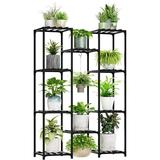 Bamworld Plant Stand Outdoor Black Tall Plant Shelf Indoor Tiered Plant Table for Multiple Plants 11 Pots Large Plant Rack Wood Plant Table for Window Garden Balcony Living Room