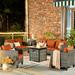 OVIOS 5-piece Loveseat Patio Furniture Outdoor Wicker Set with Fire Pit Red/Orange