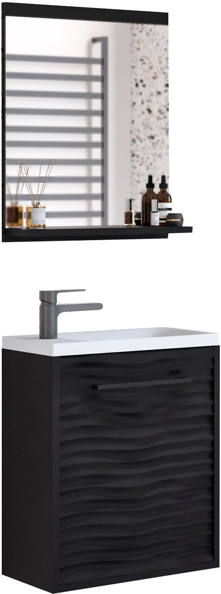 Badmöbel-Set WELLTIME "Canada", schwarz (graphit schwarz matt), B:40cm H:48cm T:22cm, Holzwerkstoff, Kastenmöbel-Sets, Badmöbel mit Soft-Close, Gästebad Waschtisch mit Becken und Spiegel Image