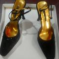 Nine West Shoes | Fancy Nine 9 West Golden Black Womens Dress Casual Shoes Heels Laces Straps 8.5m | Color: Black/Gold | Size: 8.5