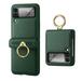 for Samsung Galaxy Z Flip 3 Slim Case Luxury PU Leather + Hard PC Metal Ring Holder Kickstand Camera Lens Protector Small Screensaver Film Anti-Scratch Shockproof Case for ZFlip 3 Green