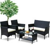 Seizeen Patio Furniture Set 4 Pieces All-Weather PE Wicker Conversation Set w/2-Tier table Loveseat Cushioned Outdoor Furniture Sofa for Yard Porch Garden Deck Beige Cushions