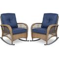 VIVIJASON 2 Piece Patio Wicker Rattan Rocker Chair Outdoor Rattan Rocker Chair with Cushions & Steel Frame All-Weather Rocking Lawn Wicker Furniture for Garden Backyard Porch (Navy Blue)