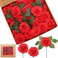 50Pcs Red Roses Artificial Flowers Red Fake Roses Real Looking Foam Rose Bulk with Stem for DIY Wedding Bouquets Centerpieces Floral Arrangements Bridal Shower Party Home Decorations