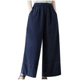Linen Pants for Women Comfy Summer Casual Elastic High Waist Wide Leg Ankle Length Lounge Palazzo Pants Trousers (X-Large Navy)