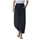 Womens Plus Size Linen Harem Pants Cinched Bottom Wide Leg Loose Drawstring Elastic Waist Pocket Lounge Trousers (5X-Large Dark Blue)