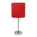 Oslo 19.5 Contemporary Bedside Power Outlet Base Standard Metal Table Desk Lamp In Brushed Steel With Red Drum Fabric