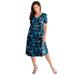 Plus Size Women's Ultrasmooth® Fabric V-Neck Swing Dress by Roaman's in Black Ikat Paisley (Size 30/32) Stretch Jersey Short Sleeve V-Neck