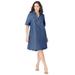 Plus Size Women's Cuff Sleeve Denim Shirtdress by Jessica London in Medium Stonewash (Size 14 W)