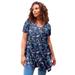 Plus Size Women's Swing Ultra Femme Tunic by Roaman's in Navy Ikat Paisley (Size 38/40) Short Sleeve V-Neck Shirt