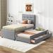 Linen Upholstered Platform Bed with Pull-out Twin Size Trundle and 3 Drawers