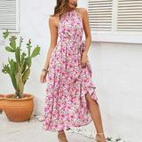 YEAHITCH Long Maternity Dress Crew Neck Dresses For Women Sleeveless Halter Solid Jacket Dress Women s Day Pink