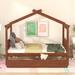 Full Imaginative House Daybed with Headboard for Kids Girls Boys, Wood Storage Platform Bedframe with 2 Drawers&Sky Roof, Walnut