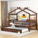 House-Shaped Daybed Bed with Twin Trundle, Wooden Platform Bedframe with Roof & Safety Guardrail for Kids, Teens, Boys or Girls