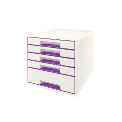 LEITZ Schubladenbox WOW Cube 5 geschlossene Schubladen, 1 hohe, 4 flache, weiß/violett, mit Auszugstopp, Schubladeneinsa