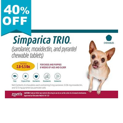 40% Off Simparica Trio For Dogs 2.8-5.5 Lbs (Gold) 6 Doses