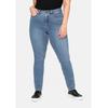 Stretch-Jeans SHEEGO "Große Größen", Damen, Gr. 28, Kurzgrößen, blau (blau denim), Obermaterial: 37% Viskose, 34% Baumwolle, 27% Polyester, 2% Elasthan, unifarben, casual, lang, Jeans, Super elastisches Power-Stretch-Material