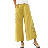 Plus Size Wide Leg Pants for Women Trendy Flowers Embroidered Linen Beach Cropped Pants Elastic Waist Loungewear (3X-Large Yellow)