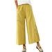 Plus Size Wide Leg Pants for Women Trendy Flowers Embroidered Linen Beach Cropped Pants Elastic Waist Loungewear (3X-Large Yellow)