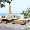 Patio 3-Piece Rattan Sofa Set All Weather PE Wicker Sectional Set with Adjustable Chaise Lounge Frame and Tempered Glass Table Natural Brown& Beige Cushion 11AAA