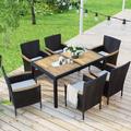 7-Piece Outdoor Patio Dining Set Garden PE Rattan Wicker Dining Table and Chairs Set Acacia Wood Tabletop Stackable Armrest Chairs with Cushions Brown 09AAD