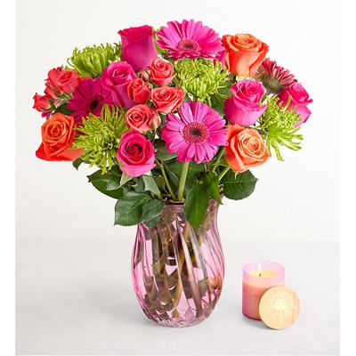 1-800-Flowers Flower Delivery Vibrant Blooms Double Bouquet W/ Pink Vase & Candle