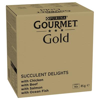 96x 85g Jumbopack Gourmet Gold Saftig-Feine Streifen Huhn, Meeresfisch, Rind, Lachs Katzenfutter...