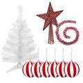 Weihnachtsdekoration-Set Tanne weiß 70 cm mit Sockel + 6 Weihnachtskugeln weiß rot + roter Stern + Lametta Girlande weiß und rot 2 m PK3542