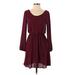 Lush Casual Dress - Mini Scoop Neck Long sleeves: Burgundy Print Dresses - Women's Size Small