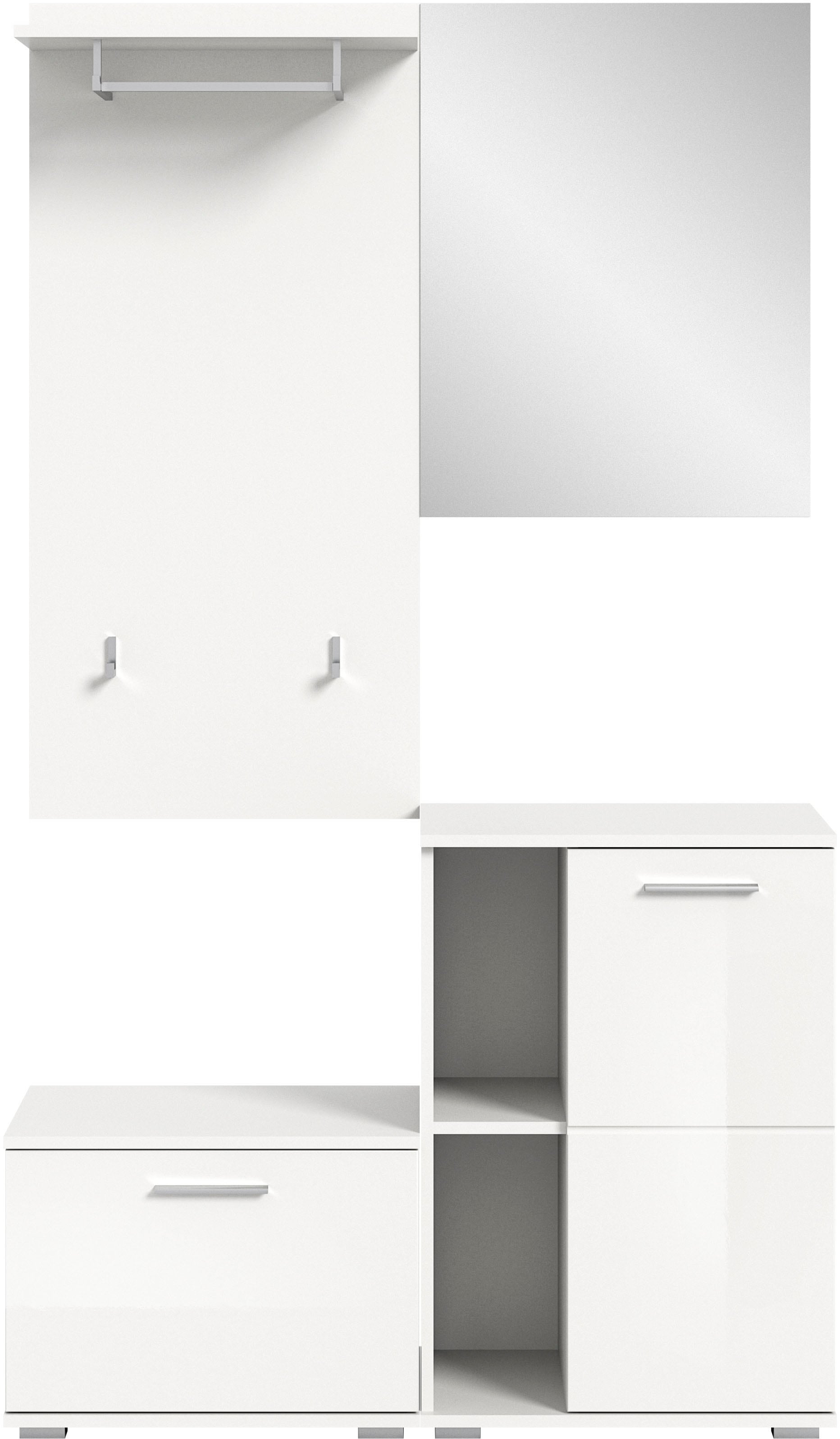 Garderoben-Set INOSIGN "Valge, Breite 110 cm, 4-teiliges Set, bestehend aus:", weiß, B:110cm H:191cm T:37cm, Holzwerkstoff, Kastenmöbel-Sets, Sitzbank, Garderobenpaneel, Schuhschrank und Garderobenspiegel