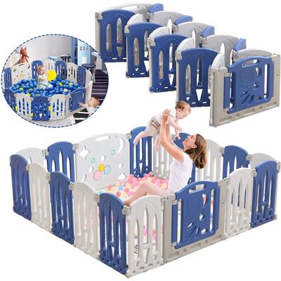 Aufun - Laufstall Baby Faltbar, Laufgitter mit Tür und Spielzeugboard, 14 Panel Blu+Weiß Baby