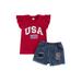 Suanret 2Pcs Independence Day Kids Girls Tops Shorts Outfits Print Fly Sleeve T-Shirts Frayed Ripped Denim Shorts Red 1-2 Years