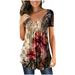 WQJNWEQ Womens Tops Summer Loose Fit V- Neck Floral Printed Tunic Buttons Short Sleeve T-Shirt Gifts for Women