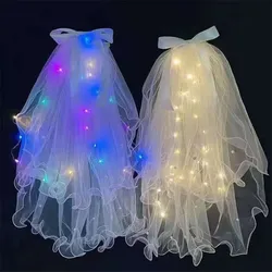 Voile de mariée en Tulle blanc pour femmes, court, bord de ruban avec lumière LED, Costume de fête d'enterrement de vie de jeune fille