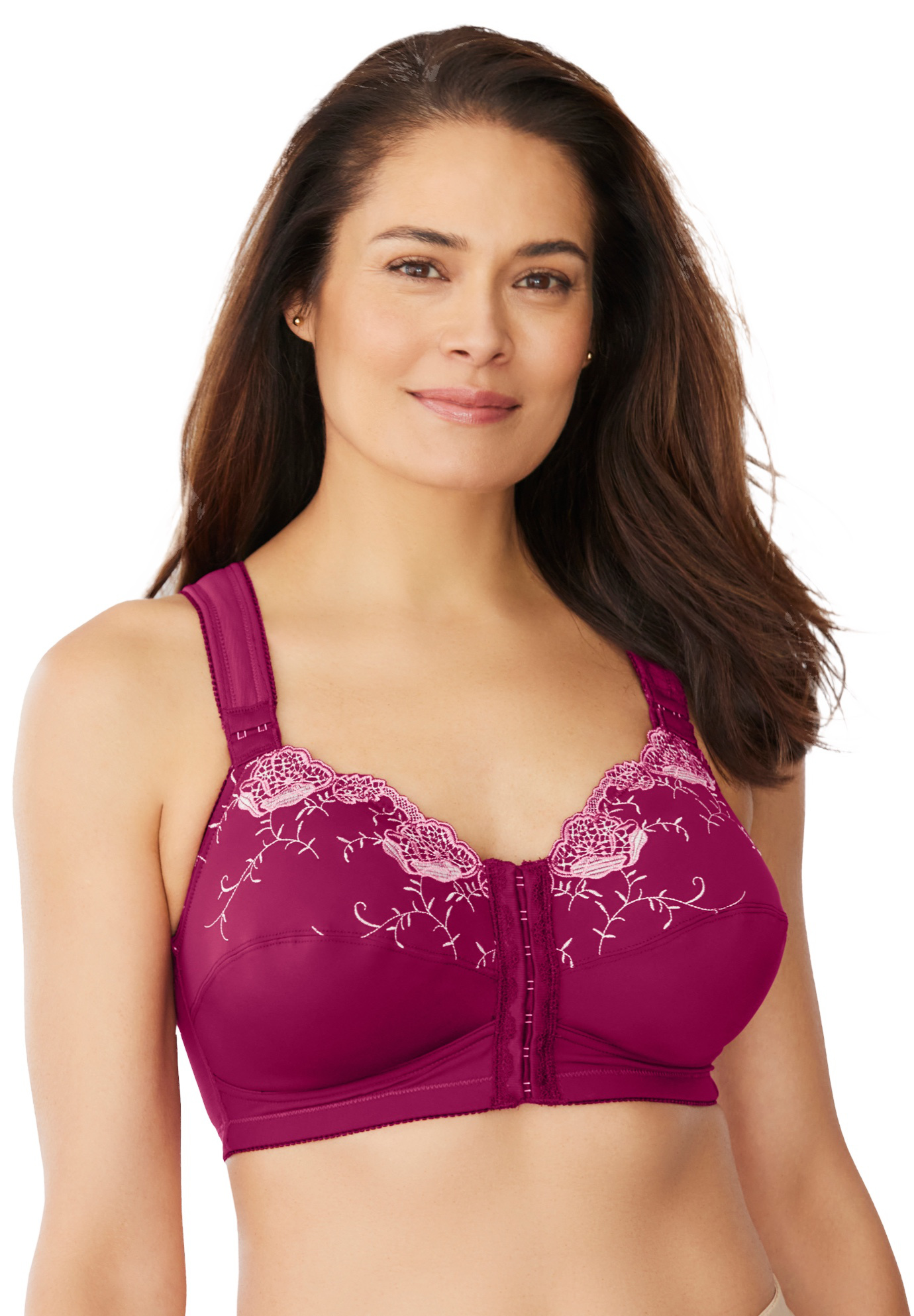 Plus Size Women's Front-Close Embroidered Wireless Posture Bra by Comfort Choice in Pomegranate Floral Embroidery (Size 44 D)