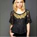 Free People Tops | Free People’s Lace Peplum Bell-Sleeve Top Soft Black & Gold Top Size Small | Color: Black/Gold | Size: S
