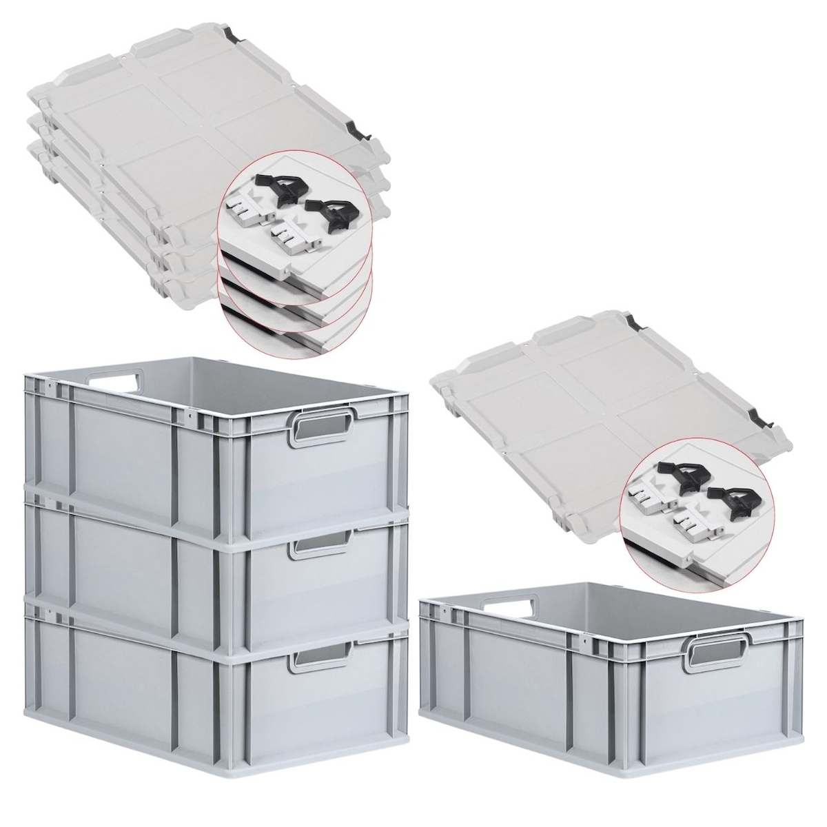 PROREGAL 4x Eurobox NextGen Grip mit Scharnierdeckel & schwarzen Verschlüssen | HxBxT 22x40x60cm | 44 Liter | Griffe offen | Verstärkter Boden Image