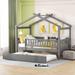 Children Twin Size Wooden House Bed with Twin Size Trundle, with Protective Fence, House Shape Bed, for Bedroom Kid Room