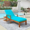 Outdoor Solid Wood 78.8 Chaise Lounge Patio Reclining Daybed with Cushion Wheels and Sliding Cup Table for Backyard Garden Poolside Brown Wood Finish+Blue Cushion