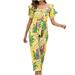 QUYUON Women Off Shoulder Jumpsuits Summer Casual Tropical Printed Off Shoulder Short Sleeve Ruffle Hem Romper Cropped Jumpsuit Ladies One-Piece Jumpsuits Fashion Overalls Style J-576 Yellow L