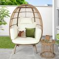 Dextrus Patio Egg Chair with Coffee Table Wicker Lounger Chair with Legs & Cushions Large Basket Egg Chair for Outdoor Indoor Bedroom - Beige