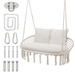 MoNiBloom 2-Person Hanging Chair with Cushion Double Hammock Chair with Tassel Max 700lbs Bohemian Style Lounger Swing Rope Macrame Swing Chair White