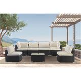 Beige PE Rattan Wicker 7-Piece Outdoor Sectional Patio Furniture Set with Cushions and Glass Coffee Side Table