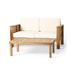 GDF Studio Rabun Outdoor Acacia Wood Loveseat and Coffee Table Set with Cushions Teak and Cream