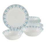 12 Piece Opal Glass Dinnerware Set in White With Blue Accents