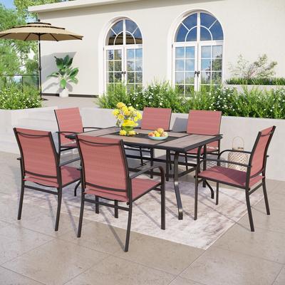 MAISON ARTS Patio Dining Set 7-Piece Metal Wood-look Geometric Rectangle Table and 6 Textilene Chairs