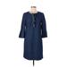 Draper James Casual Dress - Shift Tie Neck 3/4 sleeves: Blue Print Dresses - Women's Size 6